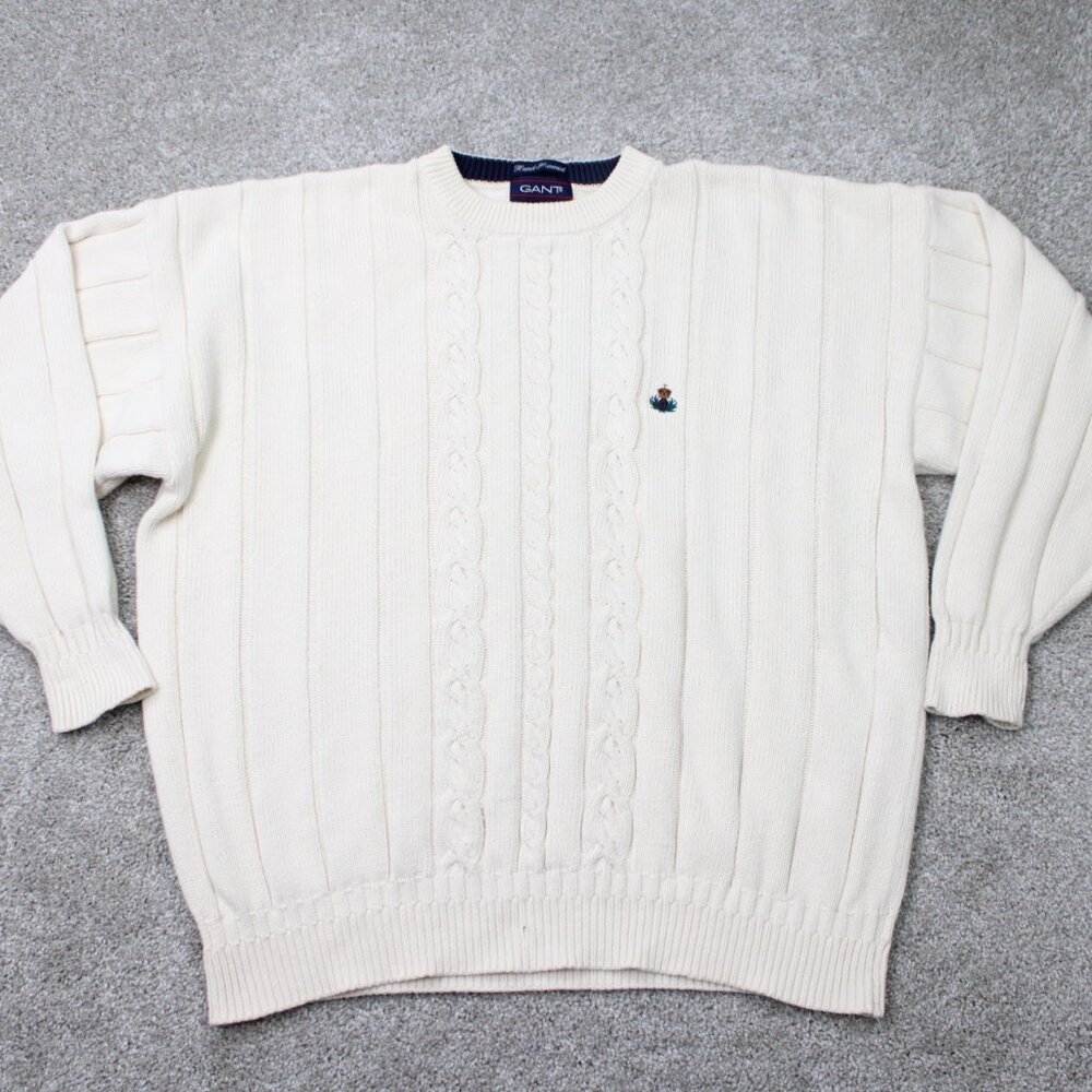 Vintage Gant Sweater‎ Mens XL White Hand Framed 100% Cotton Cable Knit Crest 90s